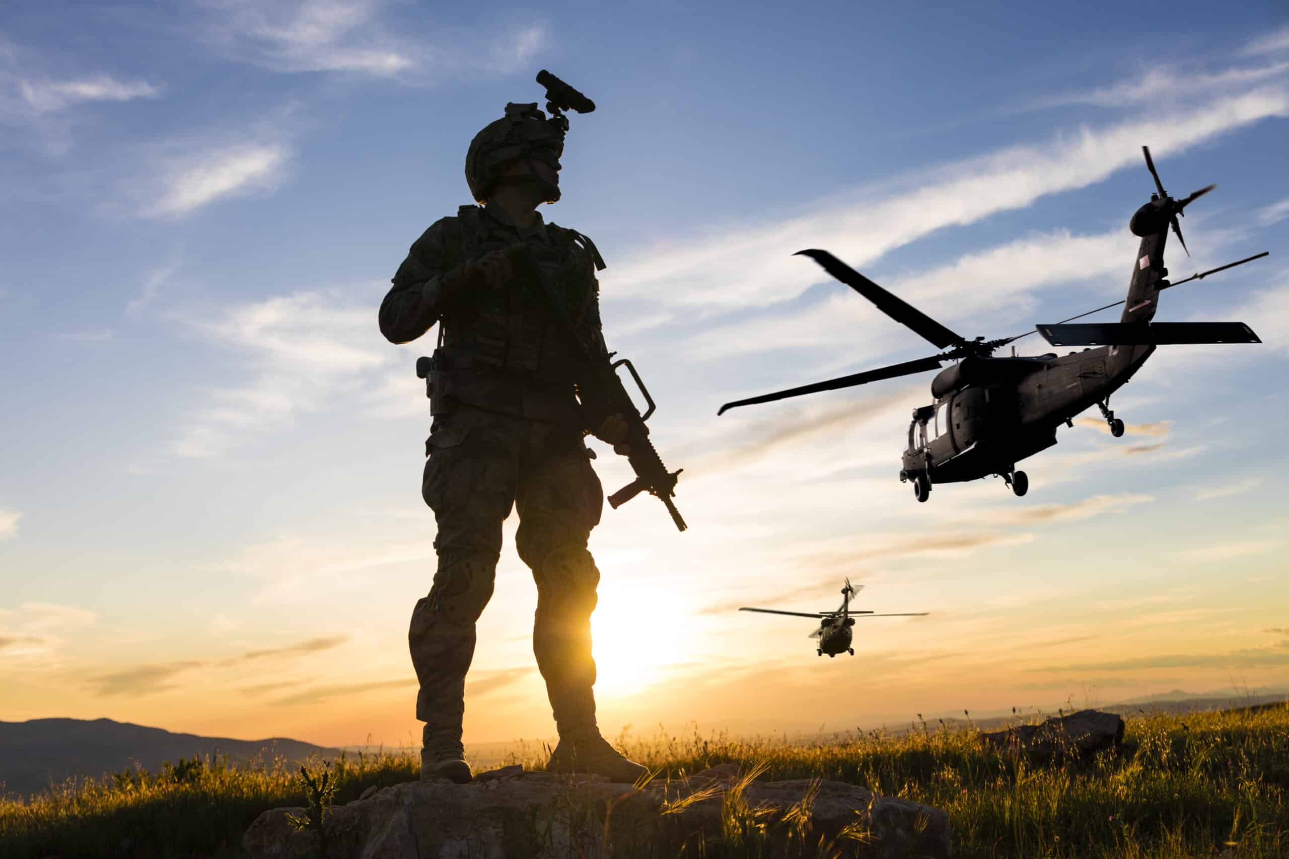 Military industry silhouette of soldier and helicopter